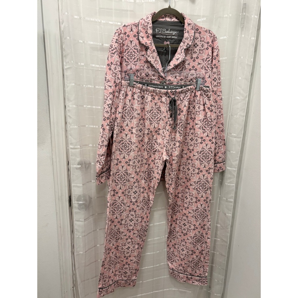 PJ Salvage Womens Pink Grey Medallion Cotton Pajama Set Long Sleeve Large